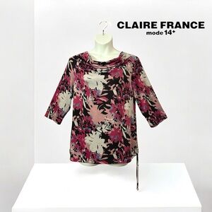 Claire France, Plus Size Floral Cowl Neck Top, 1X, Pink, Black, Silver